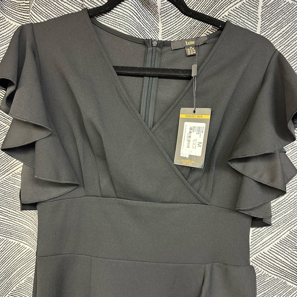 Knitee Womens Deep-V Neck Ruffle Sleeves Cocktail Party Pencil Slit Dress <269> - Picture 5 of 9